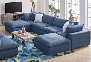 Blue fabric modular couch up view