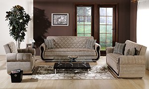 Light fabric sofa loveseat and chair with storage