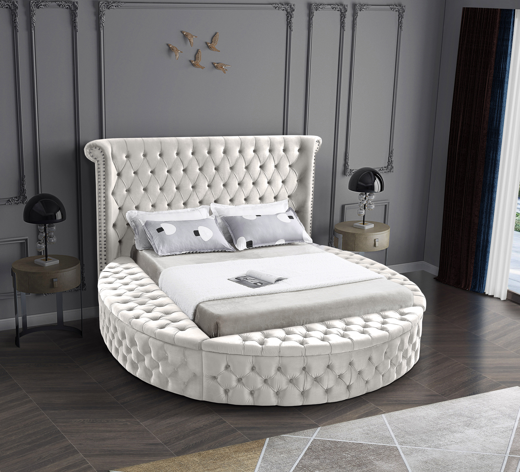 Meridian Luxus Cream Full Size Bed, Round Tufted Bed With Storage