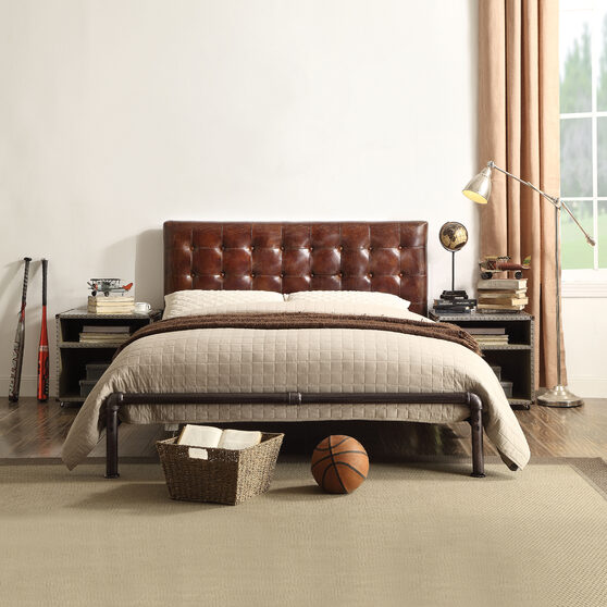 Vintage brown top grain leather queen bed
