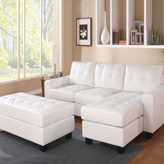 Reversible small white bonded leather match sectional