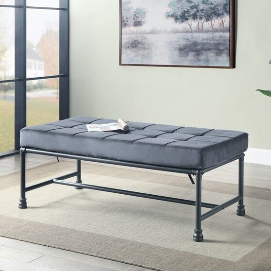 Gray velvet & sandy gray finish memory foam seat bench
