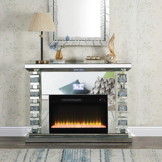 Beautiful mirrored finish and faux diamond inlay led electric fireplace