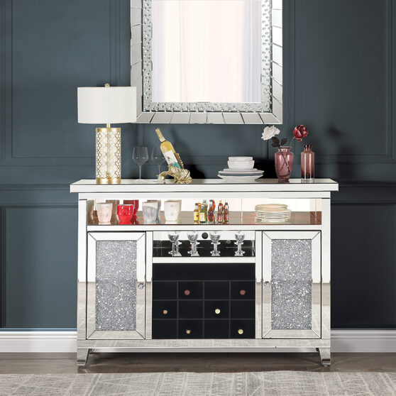 Beveled mirrored frame & faux diamonds wine cabinet w/ led