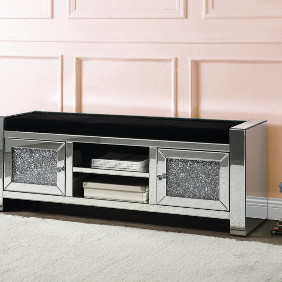 Mirrored & faux diamonds bench w/ storage