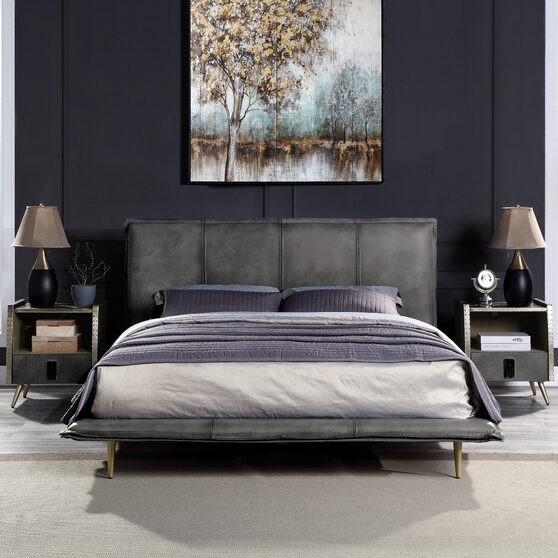 Gray top grain leather padded headboard queen bed