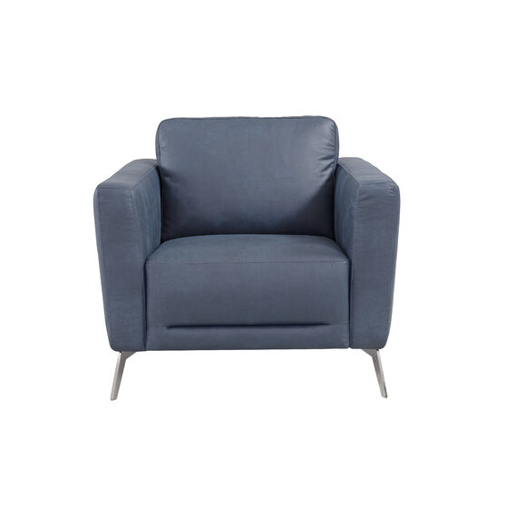Serene blue leather overstuffed backrests and plush seat chair