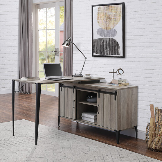 Gray oak wooden frame and black metal accent writing desk