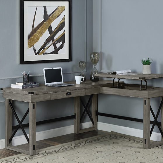 Weathered gray finish left top l-shape writing desk w/ lift top