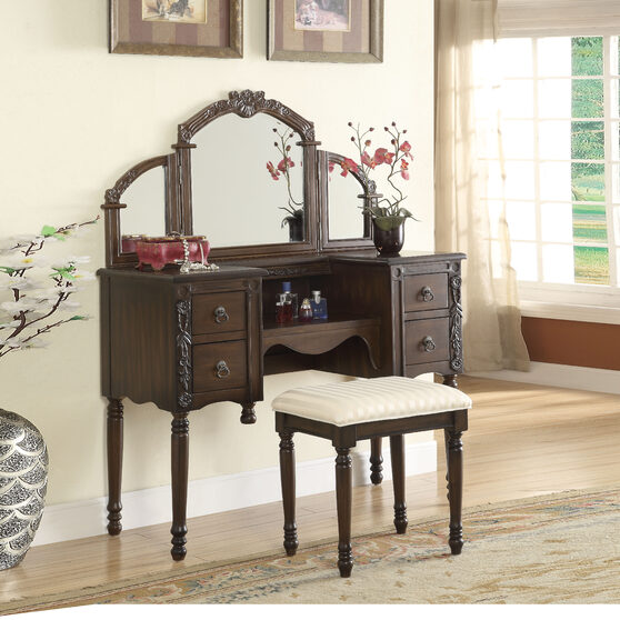 Oak finish vanity desk, stool and mirror