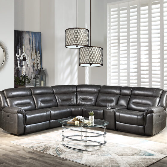 Gray leather-aire sectional recliner