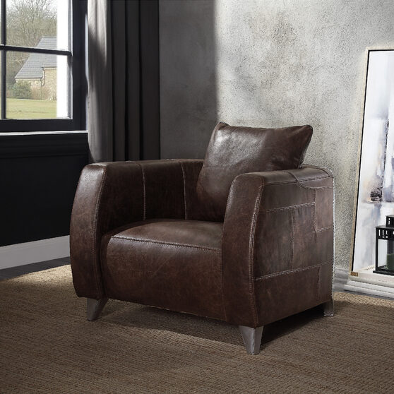 Distress chocolate top grain leather & aluminum accent chair