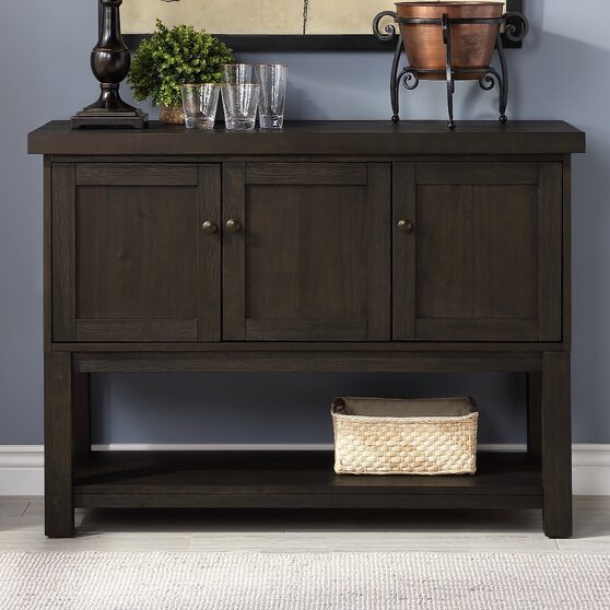 Distressed walnut finish server with wine bottle storage