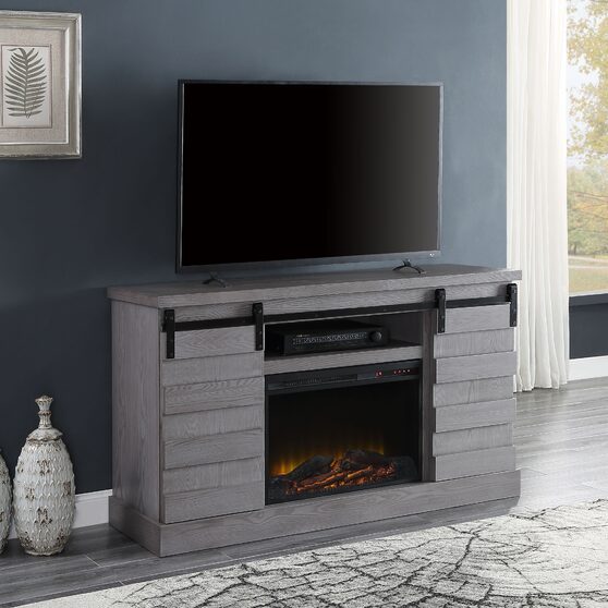 Gray oak finish tv stand with fireplace