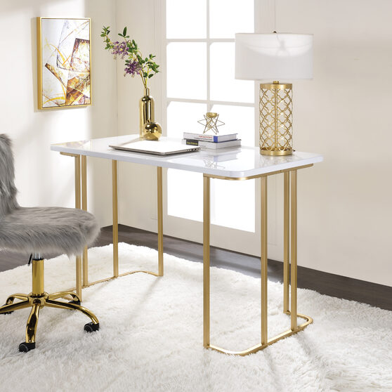 White rectangle top and clean-lined metal sled base writing desk