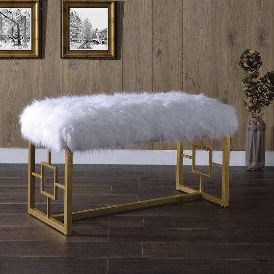 White faux fur & gold bench