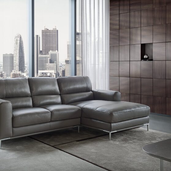 Modern top grain dark gray right-facing leather sectional sofa
