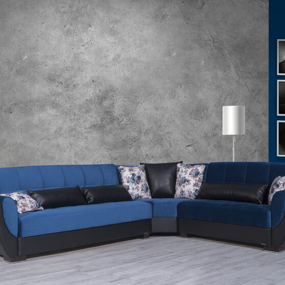 Reversible blue on black pu sectional w/ storage