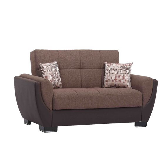 Chocolate fabric on brown pu sleeper loveseat w/ storage