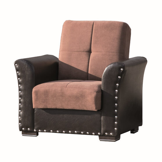 Brown pu leather / brown fabric chair w/ storage