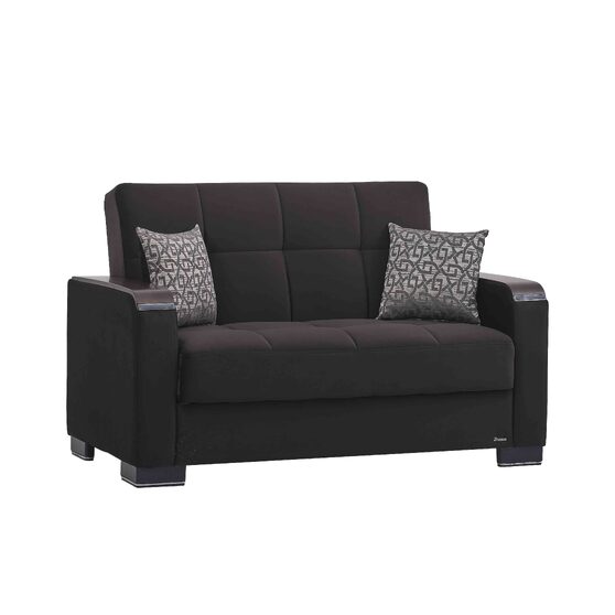 Black microfiber loveseat w/ storage and wood arms