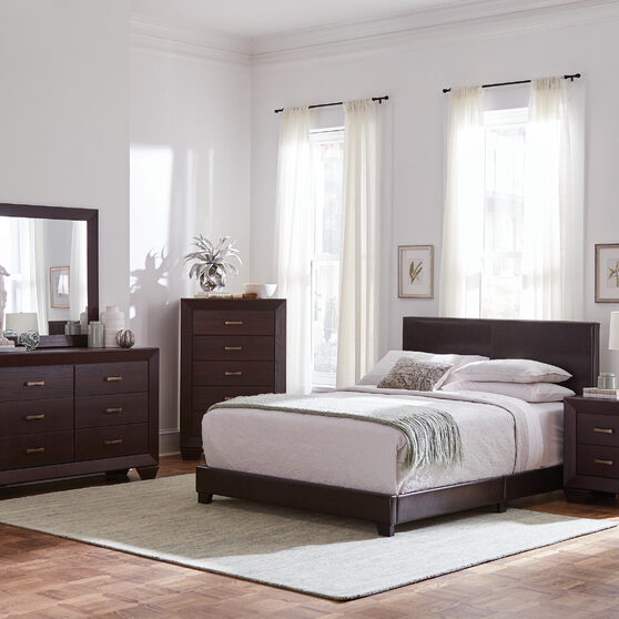 Brown faux leather upholstered queen bed