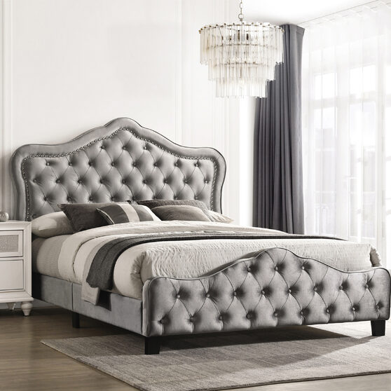 Button tufted luxurious gray velvet queen bed