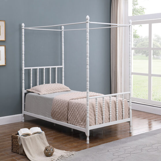 White metal finish twin canopy bed