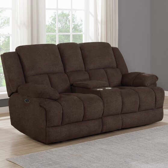Power loveseat upholstered in brown performance fabric