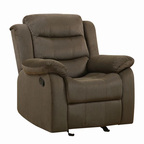 Casual chocolate glider recliner