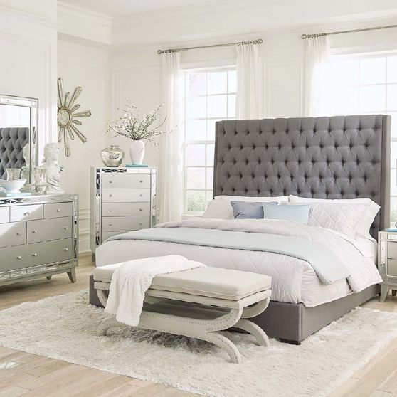 Grey upholstered king bed w high tufted headboard