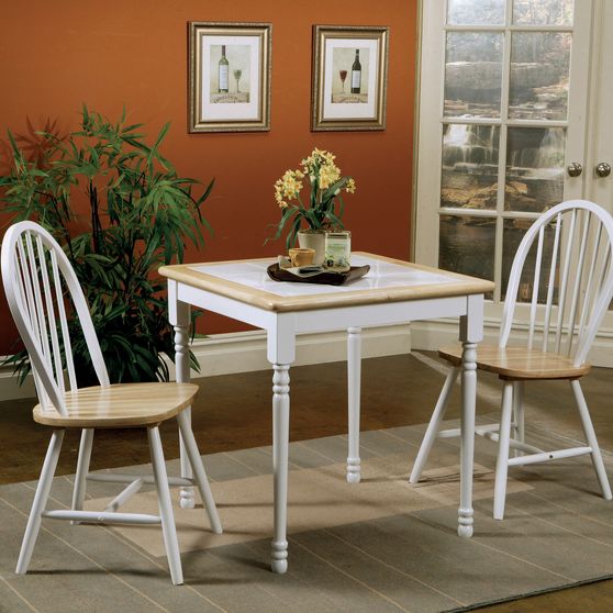 Country natural brown dining table with white tile top