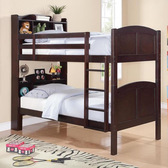Parker transitional cappuccino twin-over-twin bookcase bunk bed