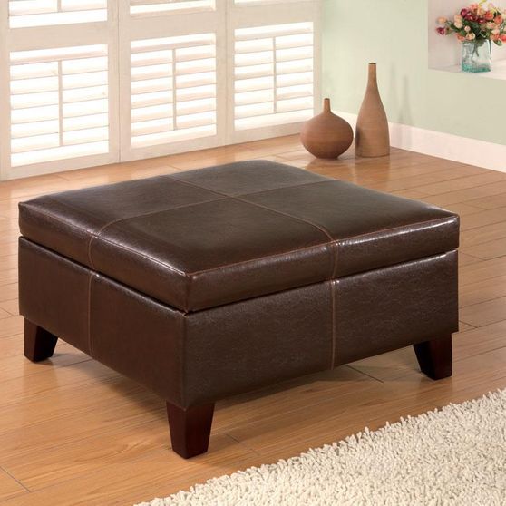 Square storage ottoman in chocolate leather
