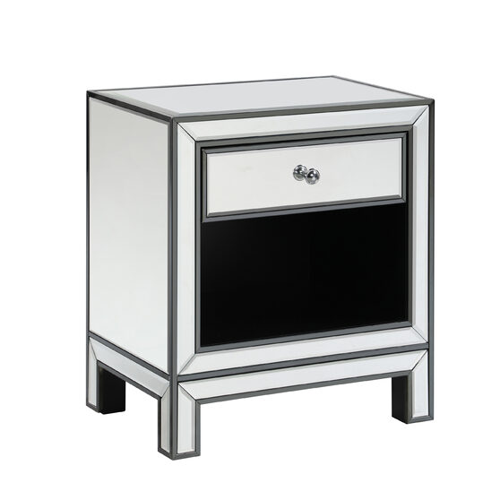 End table mirrored drawers framed with a titanium black finish