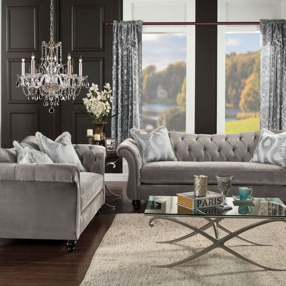 Royal style tufted sofa in gray fabric
