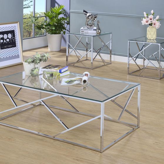 3pcs chrome metal / glass top coffee table set