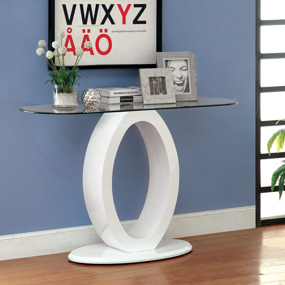 Oval high gloss base / glass top modern sofa table