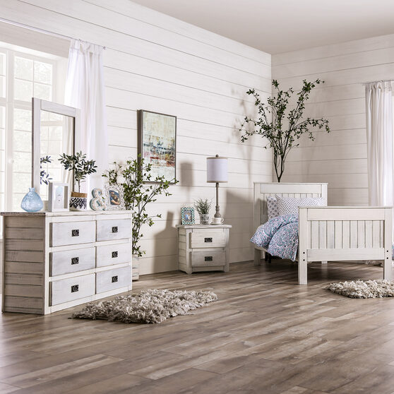 Weathered white american pine wood construction bed