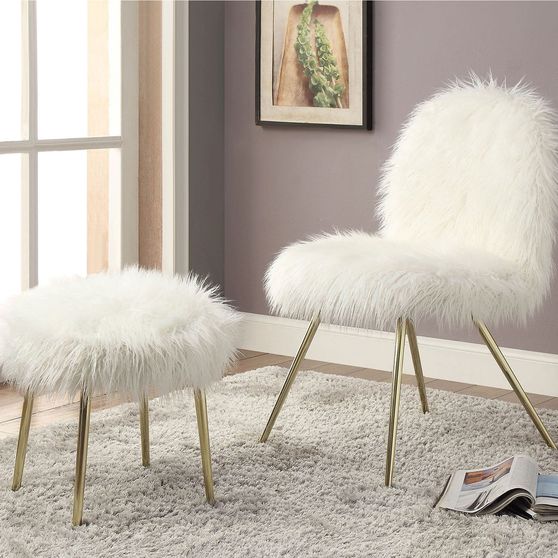 White/Gold Fur Contemporary Accent Chair
