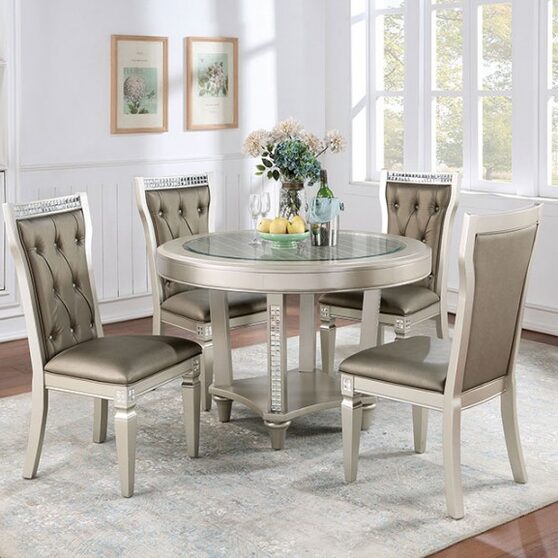 Clear tempered glass top round dining table in champagne finish