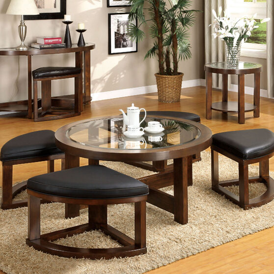Dark walnut transitional round coffee table w/ 4 stools