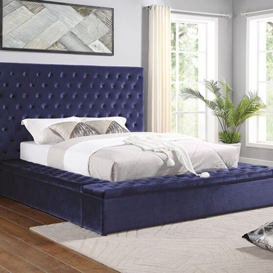 Storage button tufted blue fabric contemporary bed