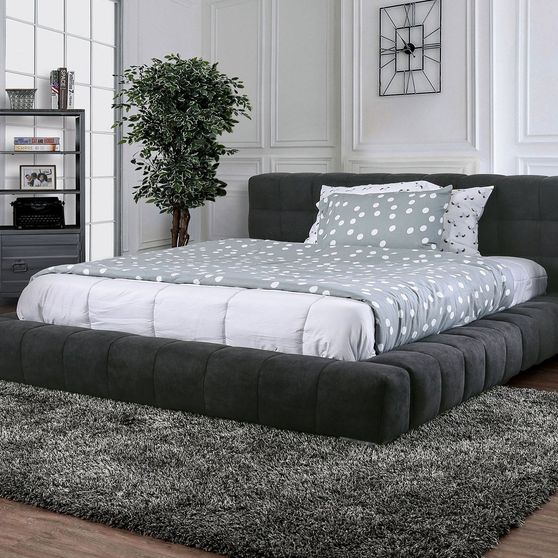 Dark gray linen-like fabric ultra-low profile bed