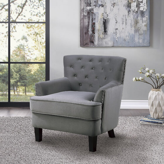 Gray velvet fabric upholstery accent chair