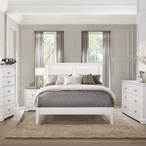 White finish faux leather upholstered headboard queen bed