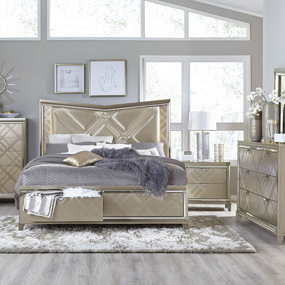 Champagne metallic finish queen platform bed with led lighting and footboard storage