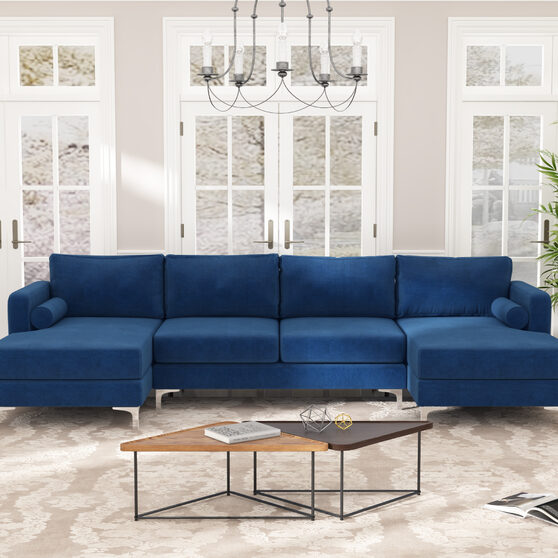 U-shape upholstered couch with modern elegant blue velvet sectional sofa