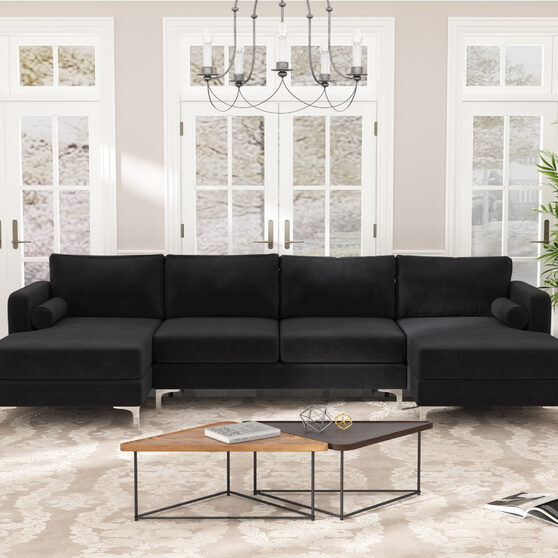 U-shape upholstered couch with modern elegant black velvet sectional sofa