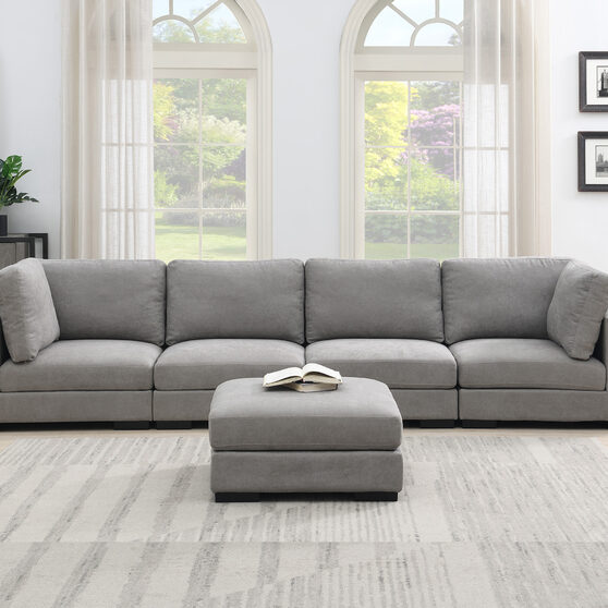 Gray modular sofa customizable and reconfigurable deep seating with removable ottoman